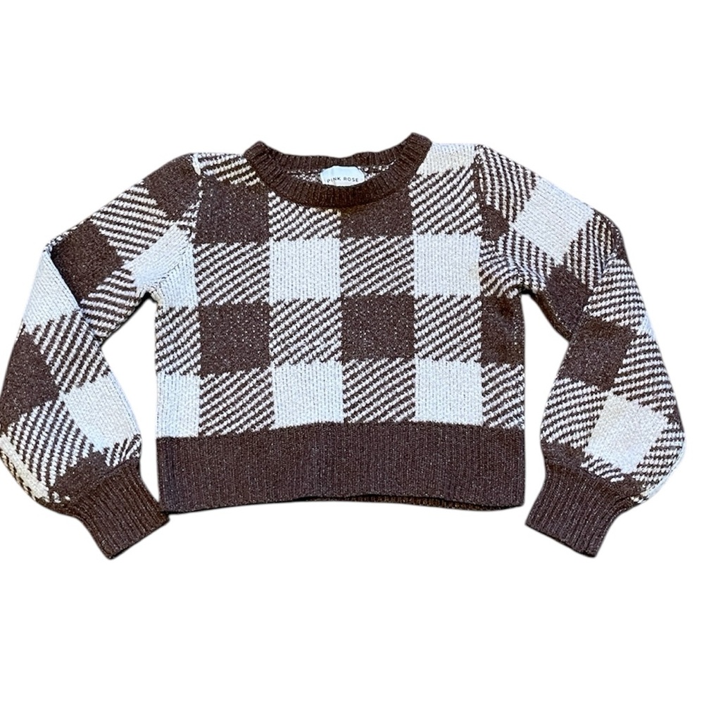 Pink Rose‎ Chunky Knit Cropped Brown and White Checkered Sweater